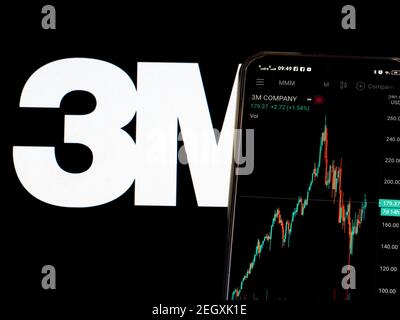 In this photo illustration the stock market information of 3M displays on a smartphone while the logo of 3M displays as the background Stock Photo