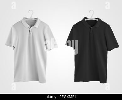 A mockup of a white, black polo hanging on a plastic hanger, a textured T-shirt with a collar for presentation of design, print. Blank men's clothing Stock Photo