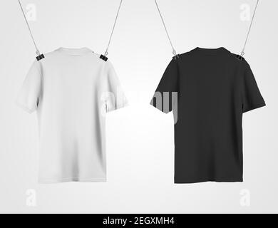 Mockup of a white, black polo hanging on the ropes, blank male t-shirt for design presentation. Template of fashionable clothes for men, isolated on b Stock Photo