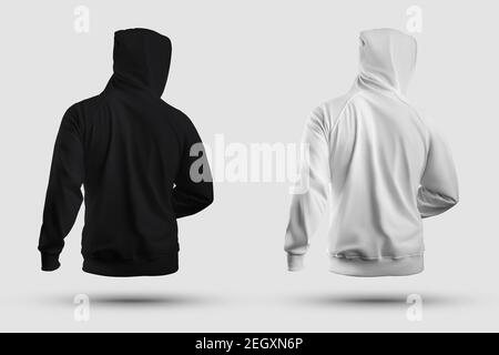 Mockup fashion blank apparel 3D rendering, white, black hoodie with hood, isolated on background, back view. Men's sweatshirt template for design, adv Stock Photo