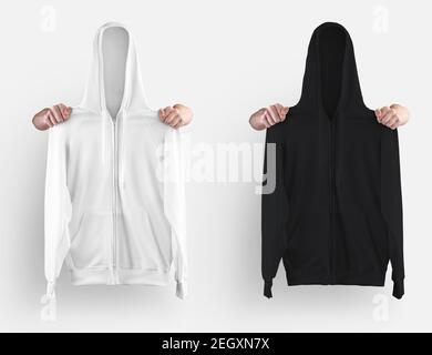 Template of a white, black sweatshirt with a hood, zipper closure, pocket, holding clothes with hands, for design presentation. Hoodie mockup isolated Stock Photo