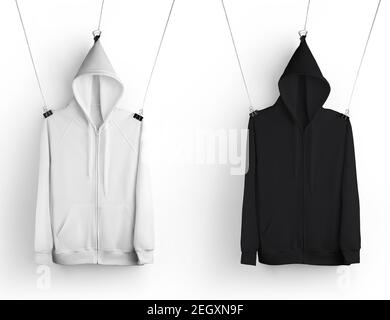Template of stylish white, black apparel hanging on a rope, hoodie with pocket, zipper closure, for design presentation. Mockup casual wear isolated o Stock Photo