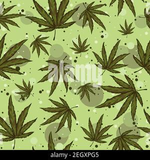 Green seamless pattern with hemp leaves and circles on the background. Repetitive illustration with marijuana herbs for tobacco idustry. Stock Vector