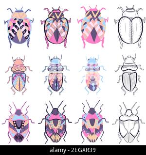 Small elements pack with different drawings of colorful bugs. Vector collection with sketches and flat illustrations of insects. Stock Vector