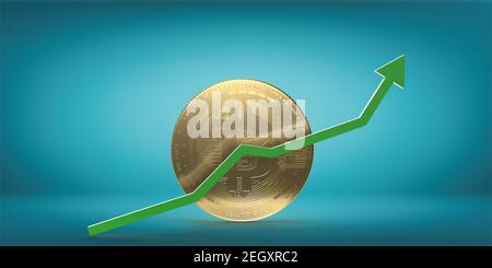 International electronic stock markets, financial banking concept: 3D render golden shiny bitcoin in the middle of frame. A green arrow rising up. Stock Photo