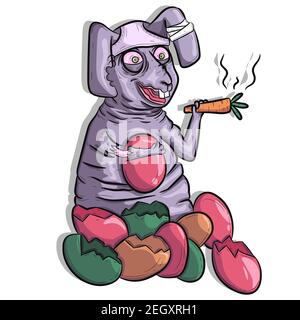 Fat Easter bunny sitting, smoking a carrot and drinking eggs. Funny stoned rabbit conceptual art. Stock Vector