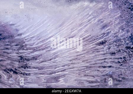 air bubbles in the ice cube. Frozen colored ice. Purple background. High quality photo Stock Photo