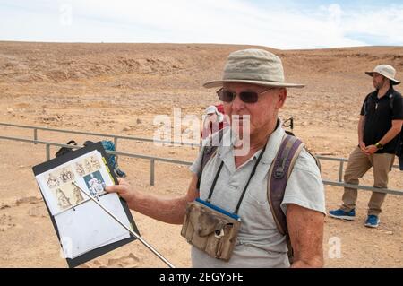 Archaeologist Dr. Uzi Avner at the Leopard Temple prehistoric cult site in the Uvda valley desert region, Negev, Israel. Dr. Avner was one of the exca Stock Photo