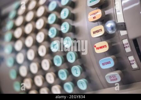 Old shop cash register on display at Science Museum in London Stock Photo