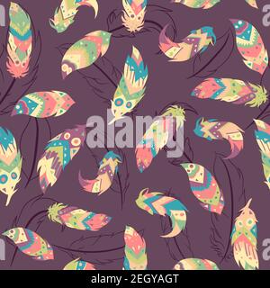 Bohemian seamless pattern with feathers and living coral circles. Repetitive indian and boho chic background with colorful elements and aztec motifs. Stock Vector