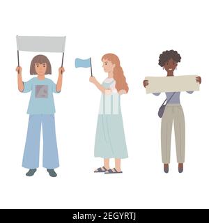 Protesting women with placards and flags in hands Stock Vector