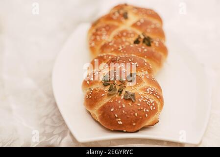 Tasty home made bread. Sourdough, bread recipe, challah, hand made bread. Stock Photo