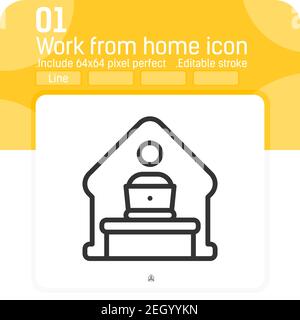 Home office remote work icon concept with line style isolated on white background. Vector linear illustration work from home with computer desktop Stock Vector