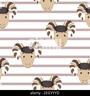Vector flat animals colorful illustration for kids. Seamless pattern with ram face on white striped background. Cute sheep. Adorable cartoon character Stock Vector