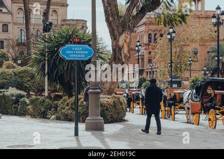 Seville, Spain - January 19, 2020: Street name sign on Calle Fray Ceferino Gonzales street in Seville, the capital of Andalusia region in Southern Spa Stock Photo