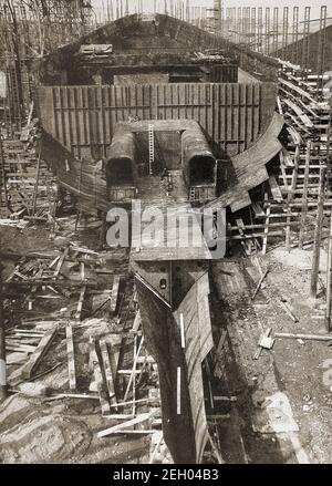 An early  1940's printed photograph of the vessel  RMS Orcades  / SS Orcades under construction  by Vickers-Armstrong at Barrow in Furness yard no. 950, showing the  Bulkeads and propeller shaft tunnel. She was launched in 1947 and was used as a Royal Mail ship (RMS) and as passenger  and cruise vessel (S.S). She also carried many migrants to Australia and New Zealand. She also served as the accomodation ship for the 1956 Summer Olympics in Melbourne, Australia, Stock Photo
