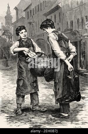 Two young shoemakers on a street in nineteenth century, Europe. Old 19th century engraved illustration from El Mundo Ilustrado 1879 Stock Photo
