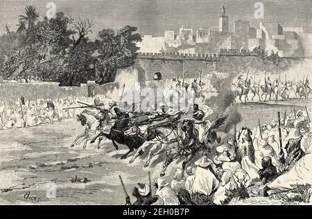 The Moroccan tradition of Fantasia. Lab al baroud. Unpowder game or Tbourida, is a stylized reenactment of a wartime cavalry charge, a celebration of the region's history and of the bond between horse and rider. Morocco, North Africa. Old 19th century engraved illustration from El Mundo Ilustrado 1879 Stock Photo
