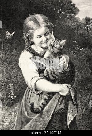 Girl playing with a cat, Europe. Old 19th century engraved illustration from El Mundo Ilustrado 1879 Stock Photo