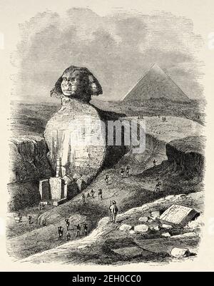 Sphinx and pyramids. Ancient Egypt History. Old 19th century
