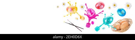 Multicolored easter painted eggs, paints and brushes. Festive Easter banner from eggs, paints and brushes in air on white background with copy space f Stock Photo