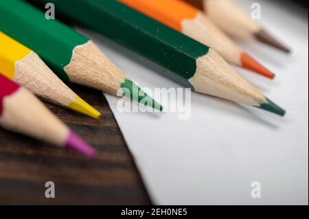 A few colored pencils. Close-up, selective focus Stock Photo