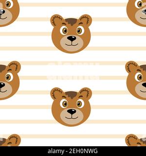 Vector flat animals colorful illustration for kids. Seamless pattern with cute bear face on white striped background. Adorable cartoon character Stock Vector