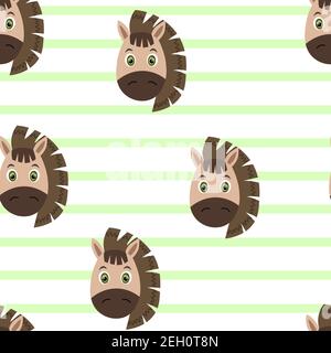 Vector flat animals colorful illustration for kids. Seamless pattern with cute horse face on white striped background. Adorable cartoon character Stock Vector