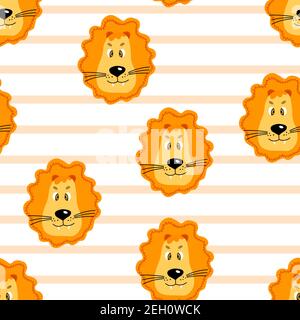 Vector flat animals colorful illustration for kids. Seamless pattern with cute lion face on white striped background. Adorable cartoon character Stock Vector