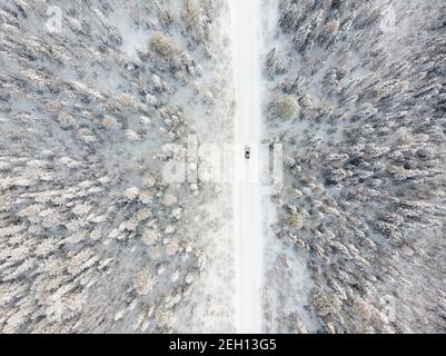 Beautiful road through the winter forest. Car travel Stock Photo