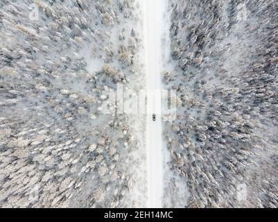 Beautiful road through the winter forest. Car travel Stock Photo