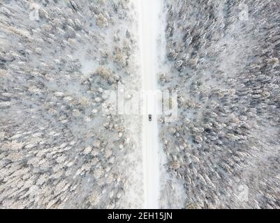 Beautiful road through the winter forest. Car travel Stock Photo