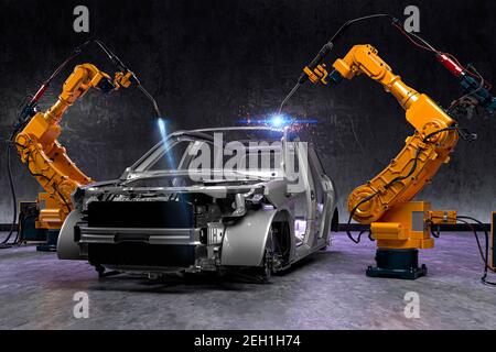 3d robots, car production line Stock Photo