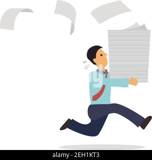 Businessman run holding a lot of documents in his hands. Concept of busy businessman. Vector illustration. Stock Vector