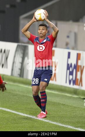 Reinildo Mandava of Lille during the UEFA Europa League, round of 32, 1st leg football match between Lille OSC (LOSC) and AFC Ajax Amsterdam on February 18, 2021 at Stade Pierre Mauroy in Villeneuve-d'Ascq near Lille, France - Photo Jean Catuffe / DPPI / LiveMedia/Sipa USA Stock Photo