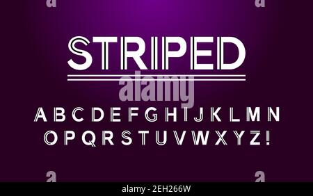 Striped Modern Italic Alphabet Font. Large white letters on a dark background. Typography urban style fonts for technology, digital, movie logo design Stock Vector