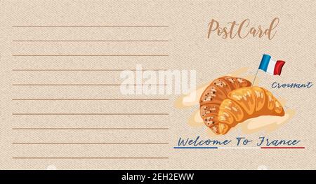 Blank vintage postcard with croissants and France flag illustration Stock Vector