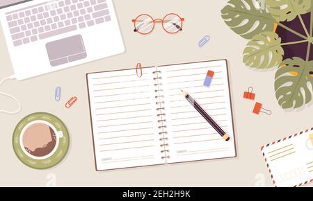 Open diary, planner or notebook concept. Top view workplace with lists, reminders, schedules or agendas. Effective personal planning and organization Stock Vector
