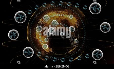 Airplanes in bubble between flying between two countries over Global network abstract particles render of earth over the Abstract planet earth particl Stock Photo