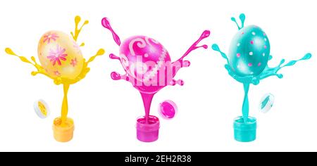 Three multicolored easter painted eggs and paints. Festive Easter eggs with splashes of paint in air on white background. Clipping path. Stock Photo