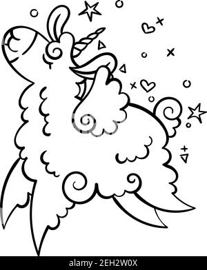 Cute curly llama unicorn is flying and dancing with happiness. Vector illustration for coloring pages, children and adult prints, baby shower Stock Vector
