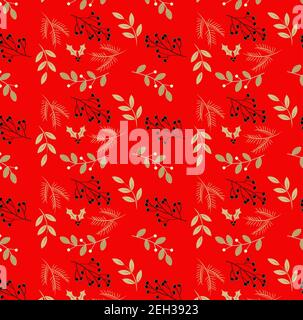 Christmas themed seamless vector pattern with gold elements on a red background Stock Vector