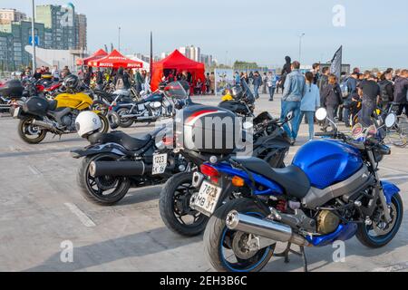 Kazan, Russia-September 26, 2020: Various motorcycles in the parking lot during a meeting of bikers before a joint trip around the city Stock Photo