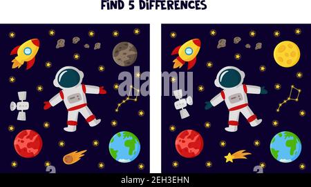 Find five differences between pictures. Astronaut and planets. Stock Vector