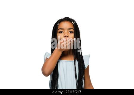Shocked. Happy longhair brunette little girl isolated on white studio background with copyspace for ad. Looks happy, cheerful, sincere. Childhood, education, human emotions, facial expression concept. Stock Photo