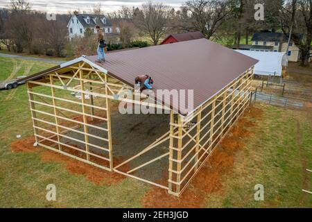 Pole Barn construction on farm in Harford County Maryland Stock Photo