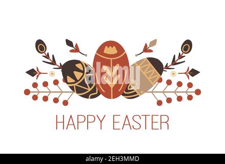 Happy Easter. Card with Easter egg and geometric floral branches with tribal decorations and lettering. Festive spring treat with wishes. Postcard wit Stock Vector