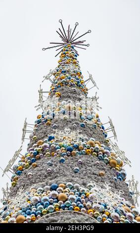 Wroclaw December 25 2019 Upward view to peak of huge christmas tree at market square Stock Photo