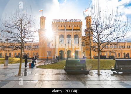 Wroclaw December 27 2019 Facade of main railway station at sunny morning Stock Photo