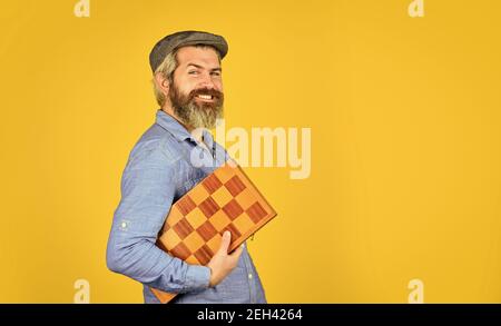 human brain working. brainstorming concept. play chess tournament. Intelligence level measurement. level up your iq. bearded man hold chess board. intelligence quotient concept. copy space. Stock Photo